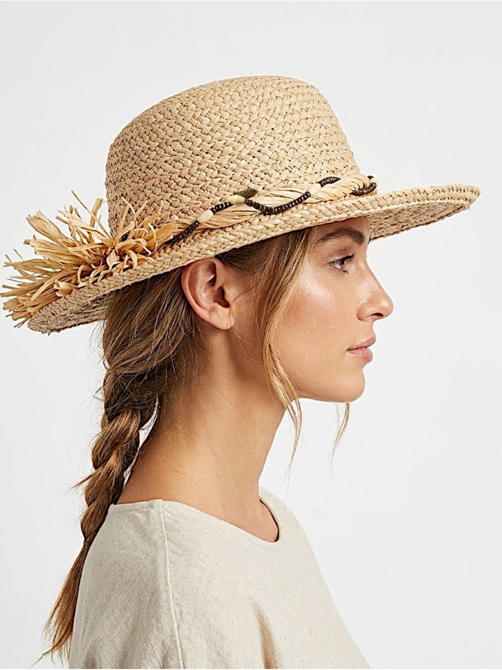 SCALA Woven Natural Fiber Straw Sun Hat Beaded Raffia Bow Resort Vacation Boho